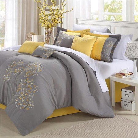 Chic Home 33-91-Q-11-US Pink Floral 12 Piece Bed In A Bag Embroidered Comforter Set With 4 Piece Sheet Set; Yellow - Queen